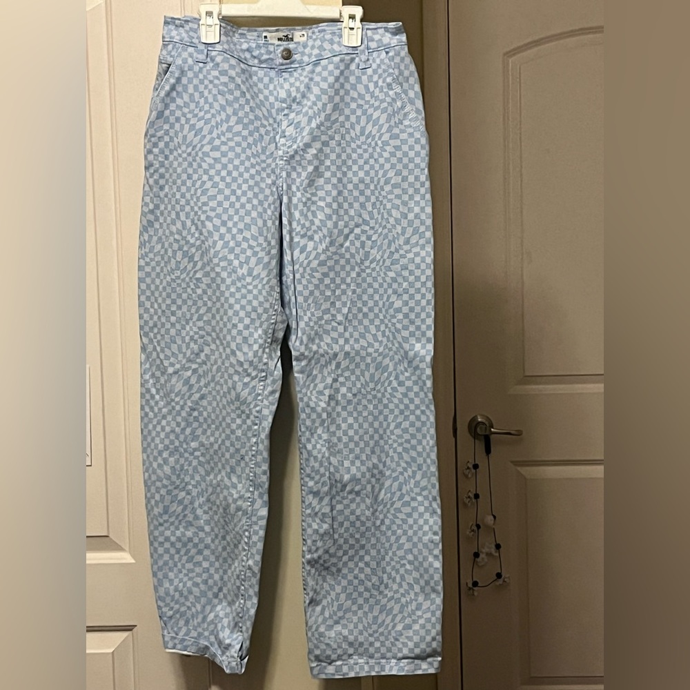 Hollister Blue and Purple High Rise Checked Straight Leg Dad Jeans